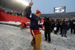 Jimmy Howard salutes fans at the 2014 Winter Classic. He will be making his Olympic Debut in Sochi