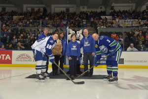 Watertown Wolves participate in ceremonial puck drop. Photo taken by Scott Thomas 11/14/15