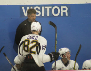 Kevin Dean chats with Brandon Carlo at camp