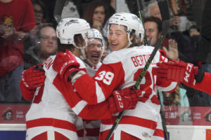 #GRG Callahan, Bertuzzi, and Criscuolo celebrate the Griffins first goal of the game. PHOTO: Courtesy of Mark Newman, Grand Rapids Griffins