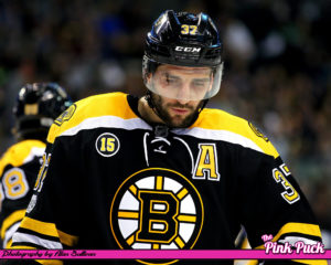 Patrice Bergeron with the No. 15 memorial patch.